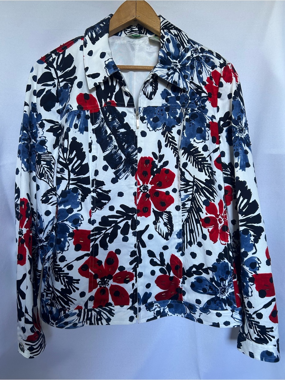 Laura Ashley White Floral Button-Down Shirt Jacket with Red & Blue Flowers